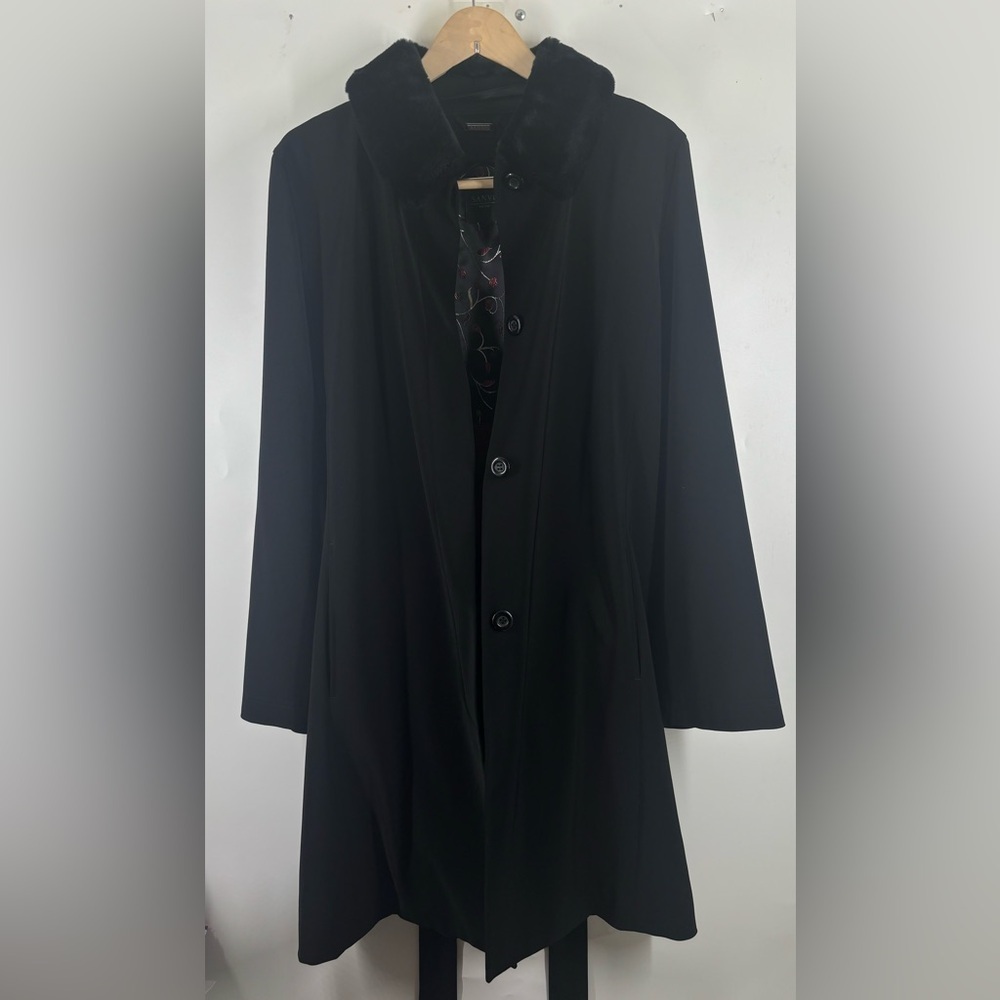 NWOT Sanyo Womens Detachable Fur Collar Black Button Up Trench Coat Belted Large